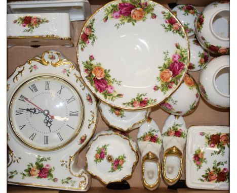 A collection of Royal Albert 'Old Country Roses' novelty and miniature items to include clock, lidded pots, trinket dishes an