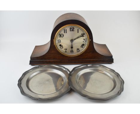 Early 20th century Napoleon Hat mantle clock. Chiming movement, applied Arabic numerals, silver tone dial with brass surround