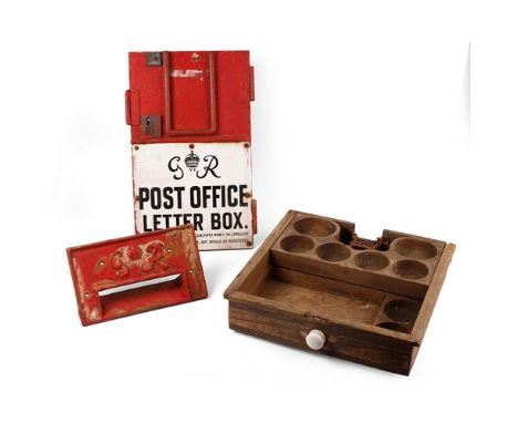 G R George VI cast iron PO Post Office box front with original enamel sign and Post Office sign together with drawer by 'Wood
