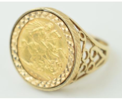 Half Sovereign coin 1899, mounted in 9ct yellow gold ring. Ring size 'X-Y'. Weight 8.7 grams.