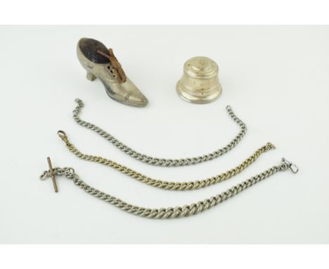 A trio of white metal albert watch chains, a novelty pin cushion in the form of a high heel and a lidded ring box (5).  Some 