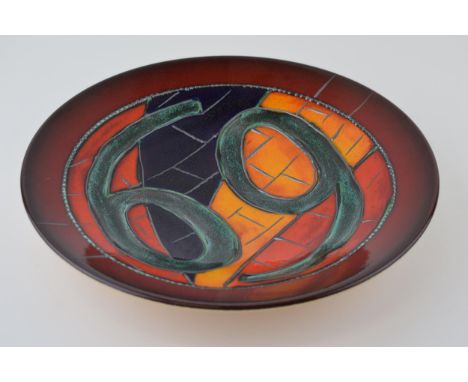 Poole Pottery shallow bowl, signed by Anita Harris, 1/1, abstract design with the number '69', 26.5cm diameter.  In good cond