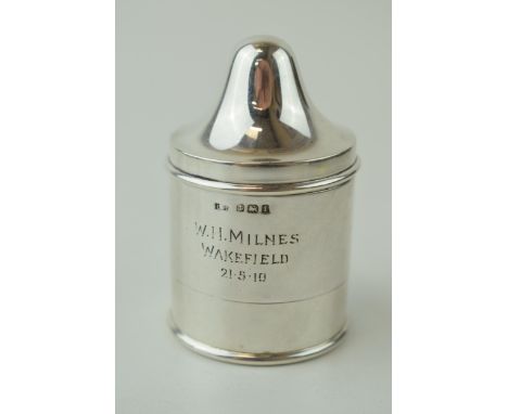 Silver 'go to bed' / silver cased candlestick holder, engraving to front, 45.9g, splits into 3 sections, Birmingham 1908, Lev