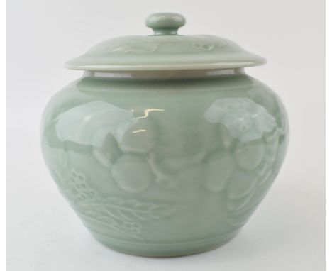 Chinese CELADON large size GINGER JAR &amp; COVER, blue seal mark to underside.  18cm wide x 17cm high appx.