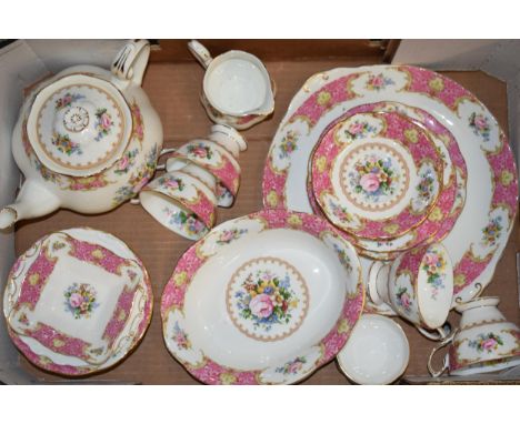 Royal Albert Lady Carlyle tea ware to include a teapot, cups, saucers, sides and others (Qty).  Mostly first quality. In good