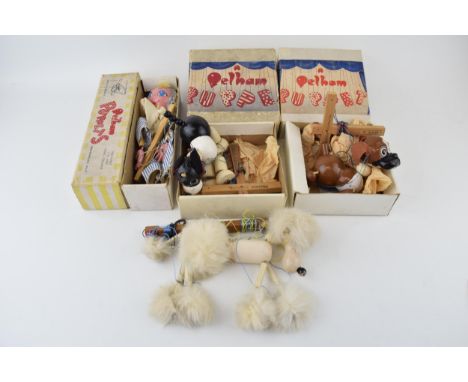 Boxed Pelham Puppets Junior Range 1947 - 55 'Wuff' and 'Bengo' Dogs together with unboxed later 'Poodle (White fur)' and Jump