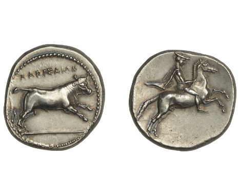 Greek Coinages, Larissa: Drachm, struck c. 356-342  Obverse: λαρισαιον: bull bounding right  Reverse: Thessalos galloping rig