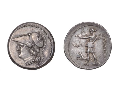 Greek Coinages, Syracuse: 12 Litrai, struck under the Fifth Democracy, c. 214-12  Obverse: head of Athena left, wearing plume
