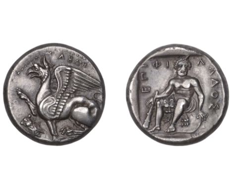 Greek Coinages, Abdera: Stater, struck c. 380, by the magistrate Philas  Obverse: griffin with pointed wing perched left on r