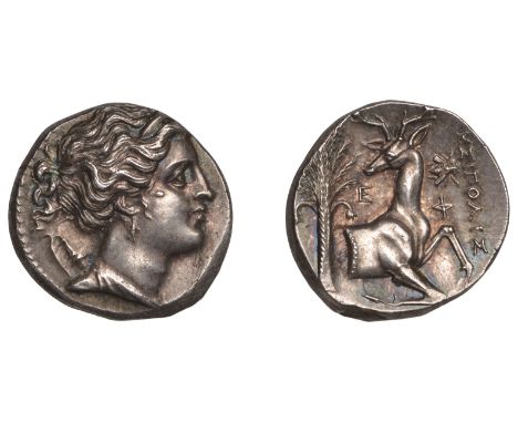 Greek Coinages, Ephesos: Oktobol, struck c. 340-330 by the magistrate Agesipolis  Obverse: diademed and draped bust of Artemi