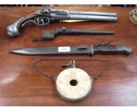 MILITARY BAYONET WITH SCABBARD, RIFLE BAYONET WITH SCABBARD, REPRODUCTION POWDER FLASK AND REPRODUCTION PISTOL 