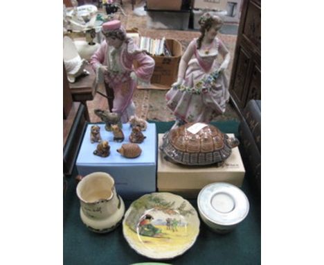 SUNDRY CERAMICS INCLUDING PAIR OF UNGLAZED CONTINENTAL FIGURES, WADE JUMBO TORTOISE, WADE WHIMSIES, DOULTON, WEDGWOOD, GOEBEL