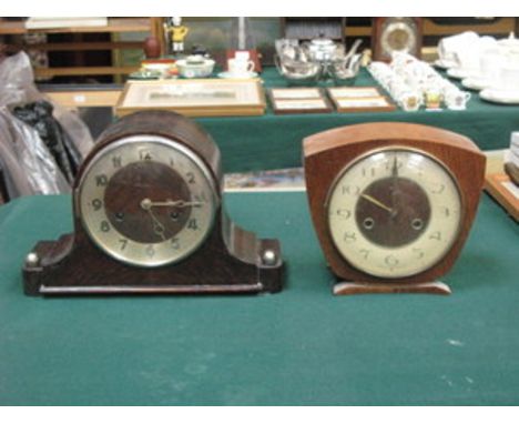 TWO OAK CASED MANTEL CLOCKS 