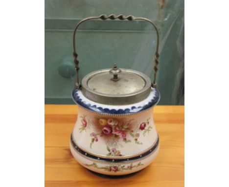 FLORAL DECORATED GLAZED CERAMIC BISCUIT BARREL WITH SILVER PLATED HANDLE AND COVER 