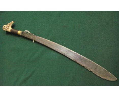 INTERESTING CARVED BONE HANDLED INDIAN/MIDDLE EASTERN STYLE MACHETE WITH ENGRAVED DECORATION TO BLADE 