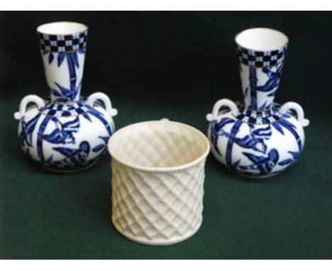 PAIR OF COALPORT BLUE AND WHITE CERAMIC VASES PLUS BELLEEK BLACK MARK TANKARD 