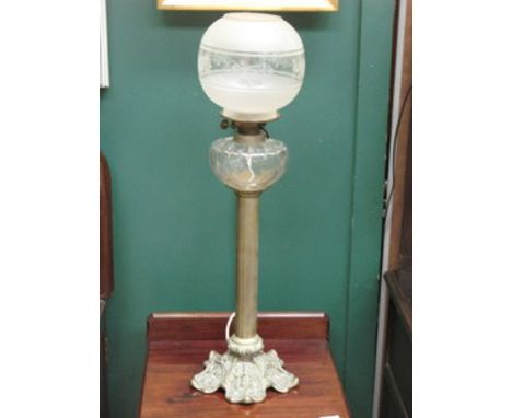 VINTAGE BRASS ART NOUVEAU STYLE OIL LAMP WITH GLASS RESERVOIR AND SHADE (CONVERTED TO ELECTRIC), APPROXIMATELY 54cm HIGH 