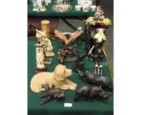 PARCEL OF VARIOUS CARVED TREEN ANIMALS, BRONZE EFFECT DOG, INUIT BIRD PLUS OTHER FIGURES INCLUDING CARVED IVORY STYLE FIGURE,