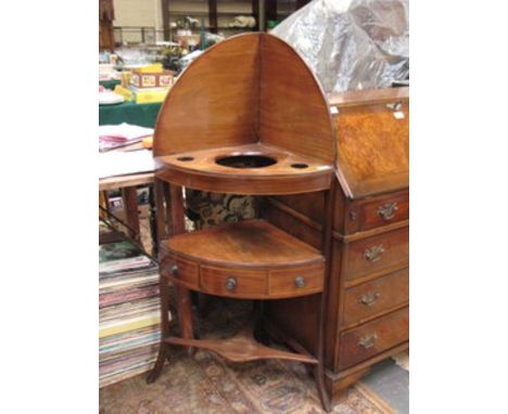 ANTIQUE MAHOGANY INLAID BOW FRONTED CORNER WASH STAND WITH SINGLE DRAWER