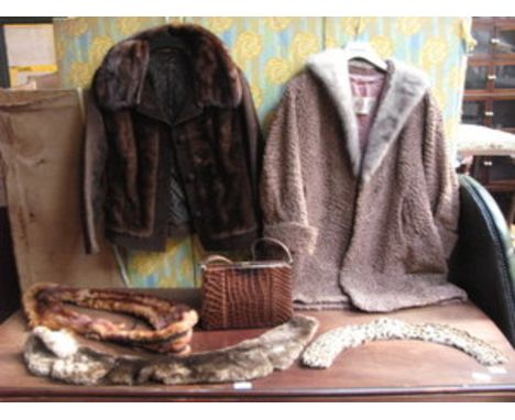 TWO VINTAGE FUR COATS, FUR STOAL AND VINTAGE CROCODILE SKIN HANDBAG 