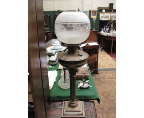 VINTAGE BRASS COLUMN FORM OIL LAMP WITH GLASS SHADE (CONVERTED TO ELECTRIC), APPROXIMATELY 68cm HIGH 
