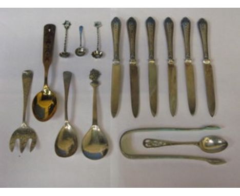 PARCEL OF VARIOUS SILVER FLATWARE INCLUDING SPOONS, SUGAR TONGS, SILVER HANDLED KNIVES, DANISH SILVER GILT SPOON, ETC.
