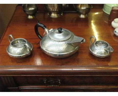 HAMMERED PEWTER THREE PIECE TEA SET BY CRAFTSMAN