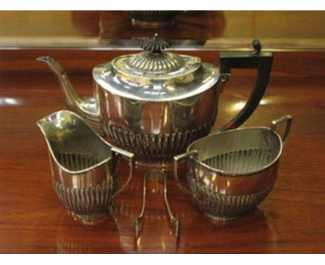 SILVER PLATED THREE PIECE TEA SET PLUS SILVER PLATED SUGAR TONGS 