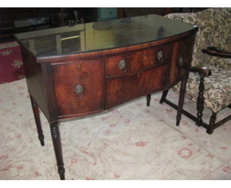 BOW FRONTED GLASS TOPPED MAHOGANY SIDEBOARD WITH BRASS HANDLES 