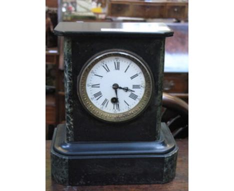 VINTAGE BLACK SLATE MANTEL CLOCK WITH ENAMELLED DIAL (AT FAULT), APPROXIMATELY 23cm HIGH 