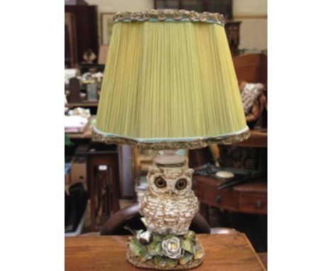 DECORATIVE GLAZED CERAMIC OWL FORM TABLE LAMP WITH SHADE, STAMPED WITH VICTORIAN MARK TO BASE 