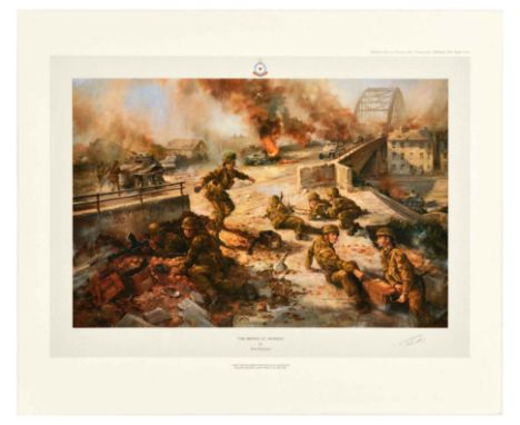 Original vintage World War Two poster – The Bridge at Arnhem – by a British painter Alan Fearnley (b.1942) depicting soldiers