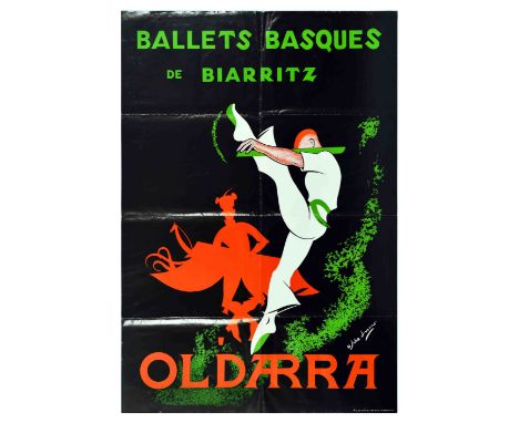 Original vintage advertising poster for Ballets Basques de Biarritz Oldarra featuring a dynamic illustration of a ballet danc