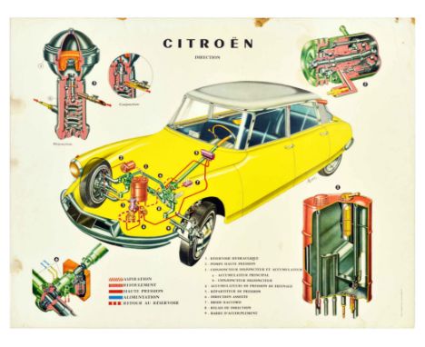 Original vintage car dealer showroom or car mechanic poster for Citroen automobile featuring an illustration of a yellow car 
