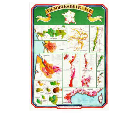 Original vintage advertising poster Vignobles de France – Vineyards of France featuring detailed maps of major wine regions V