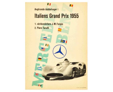 Original vintage Formula 1 car racing poster published by Mercedes Benz to celebrate their Decisive Double Victory in the 195