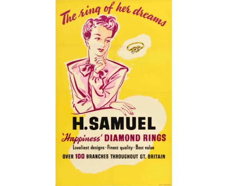 Original vintage advertising poster for H. Samuel jewellery ‘Happiness’ Diamond Rings – The ring of her dreams, featuring an 