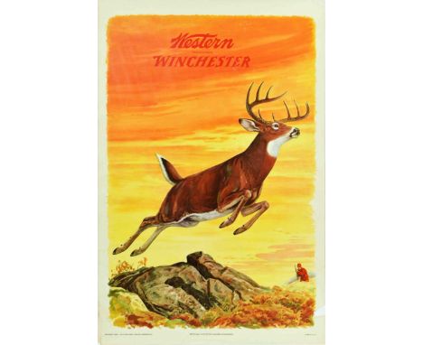 Original vintage advertising poster for Winchester by Western Cartridge Company featuring an illustration of a deer jumping o