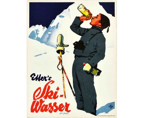 Original vintage advertising poster flyer for Etter’s Ski Wasser / Ski Water featuring a great illustration of a skier drinki