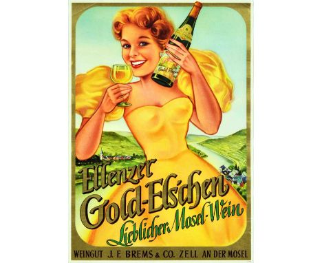 Original vintage advertising poster for Ellenzer Gold-Elschen Mosel wine featuring an illustration of a smiling lady in a yel