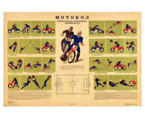 Original vintage motorsport poster for motoball or motorcycle polo, featuring images of turns, kicking and stopping of the ba