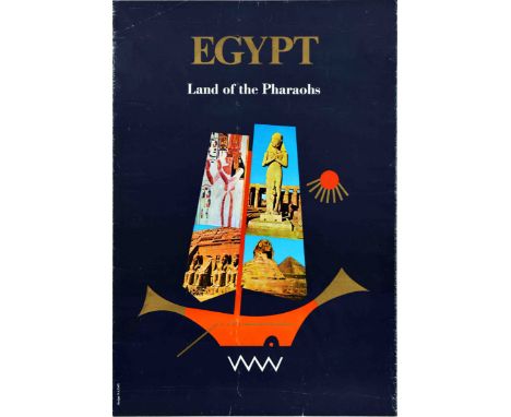 Set of three original vintage travel advertising poster for Egypt. 1. Photographs of ancient Egyptian statues, boat on the wa