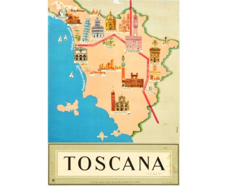 Original vintage travel advertising poster for Toscana / Tuscany issued by the Italian Tourism Board ENIT featuring a pictori