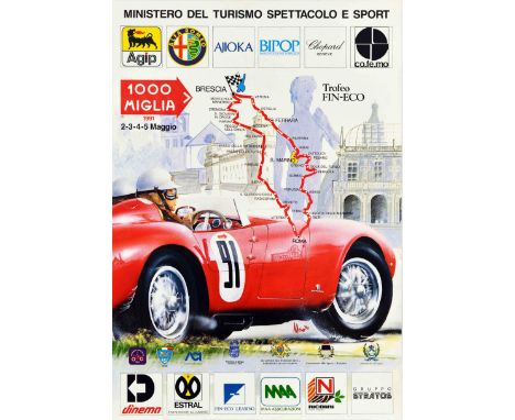 Original vintage sport advertising poster for 1000 Miglia Trofeo Fin-Eco racing event, featuring a great illustration of a dr