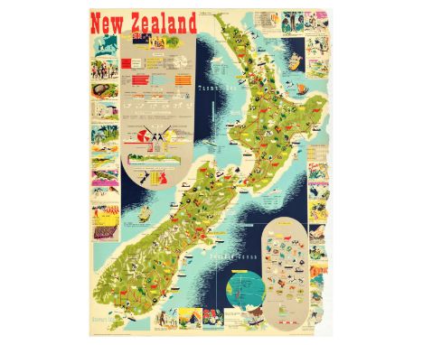 Original vintage travel poster for New Zealand, featuring a great colourful pictorial map of North, South and Stewart islands