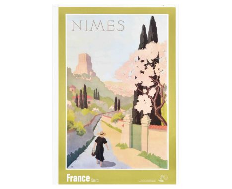 Original vintage travel advertising poster for Nimes, France (Gard), featuring a great illustration of a lady in a black dres