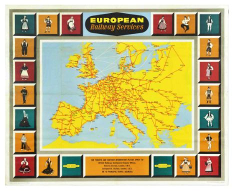 Original vintage railway travel map poster - European Railway Services for tickets and further information please apply to Br