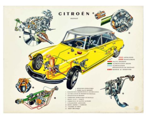 Original vintage car dealer showroom or car mechanic poster for Citroen automobile featuring an illustration of a yellow car 