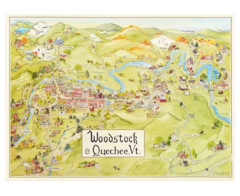 Original vintage travel poster for Woodstock &amp; Quechee, Vt, featuring a great pictorial map with stores, pharmacies, inns