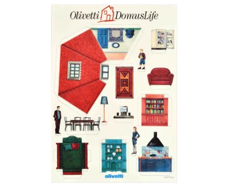 Original vintage advertising poster Olivetti DomusLife, featuring interior design and household elements – table, refrigerato